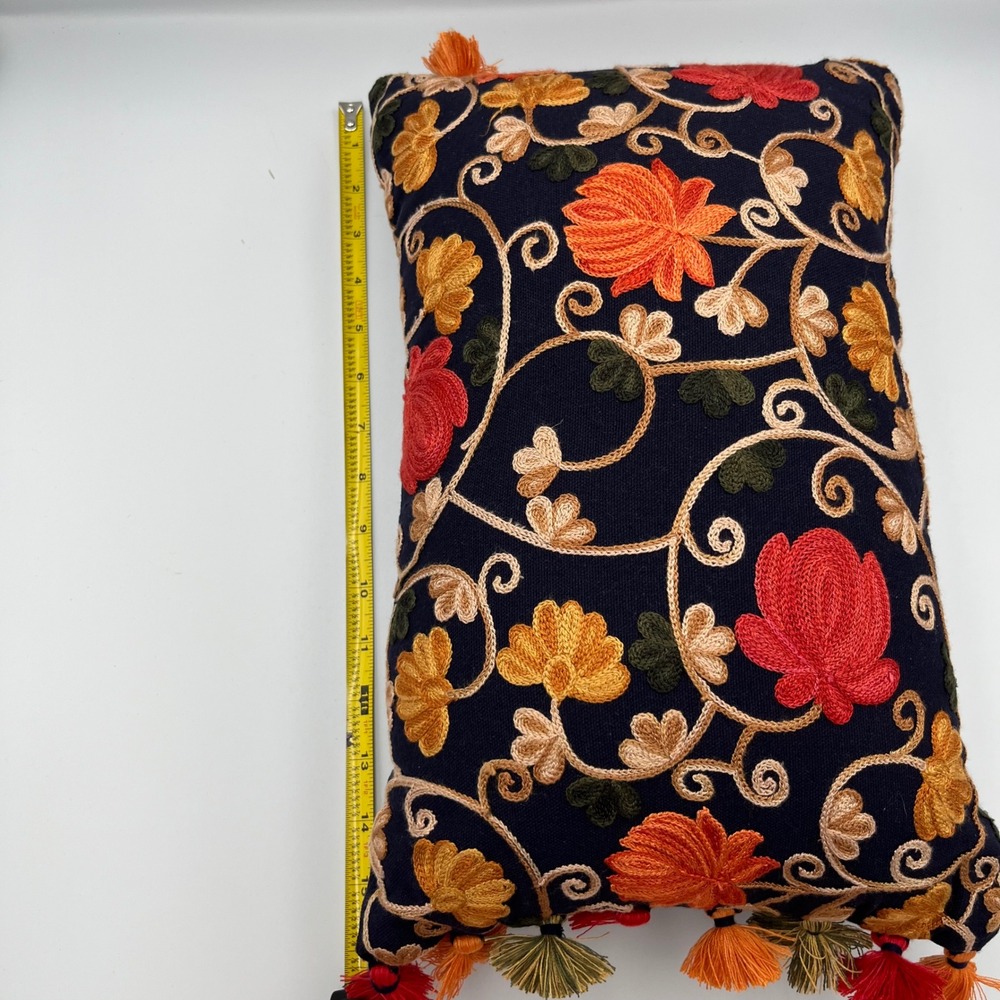 Boho Embroidered Pillow Navy Blue Floral Tassel Accent Decorative Accent Pillow - Picture 8 of 10
